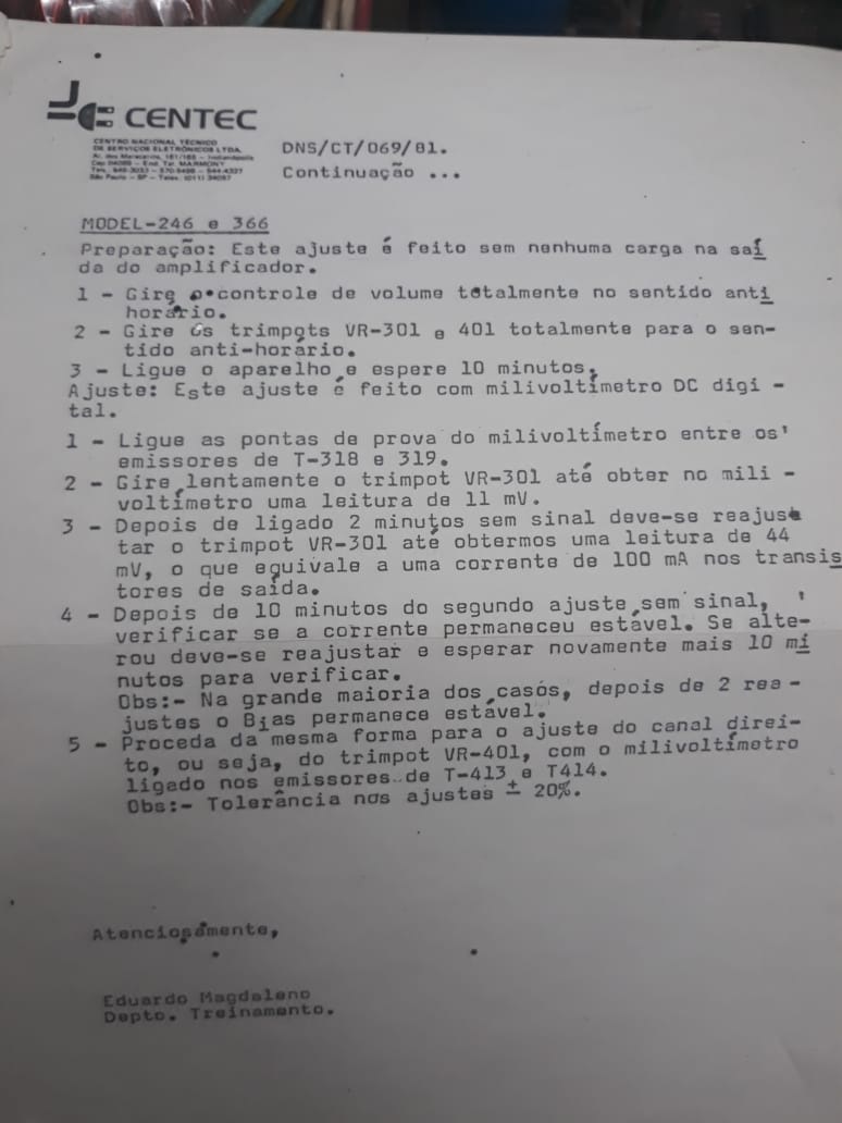 Ajuste e calibração do BIAS dos amplificadores super A model 246 e 366.