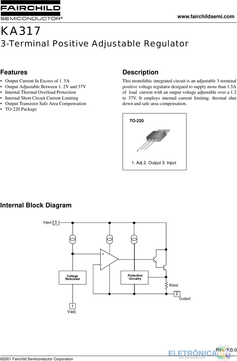 KA317 - Datasheet do Regulador Ajustável Positivo de 3 Terminais (Fairchild)