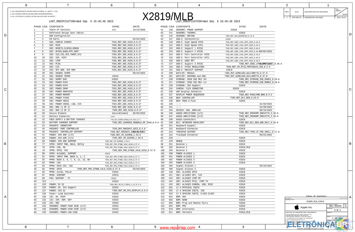 Esquema elétrico Apple X2819-MLB 820-03286 051-09344.bvr - Placa 820-03286-051-09344-R401